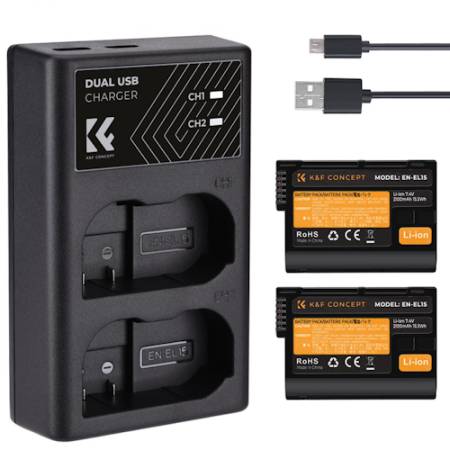 K&F Concept KF28.0012 - zestaw, 2x zamiennik akumulatora EN-EL15, ładowarka dwukanałowa, USB-C_Zawartość zestawu_1